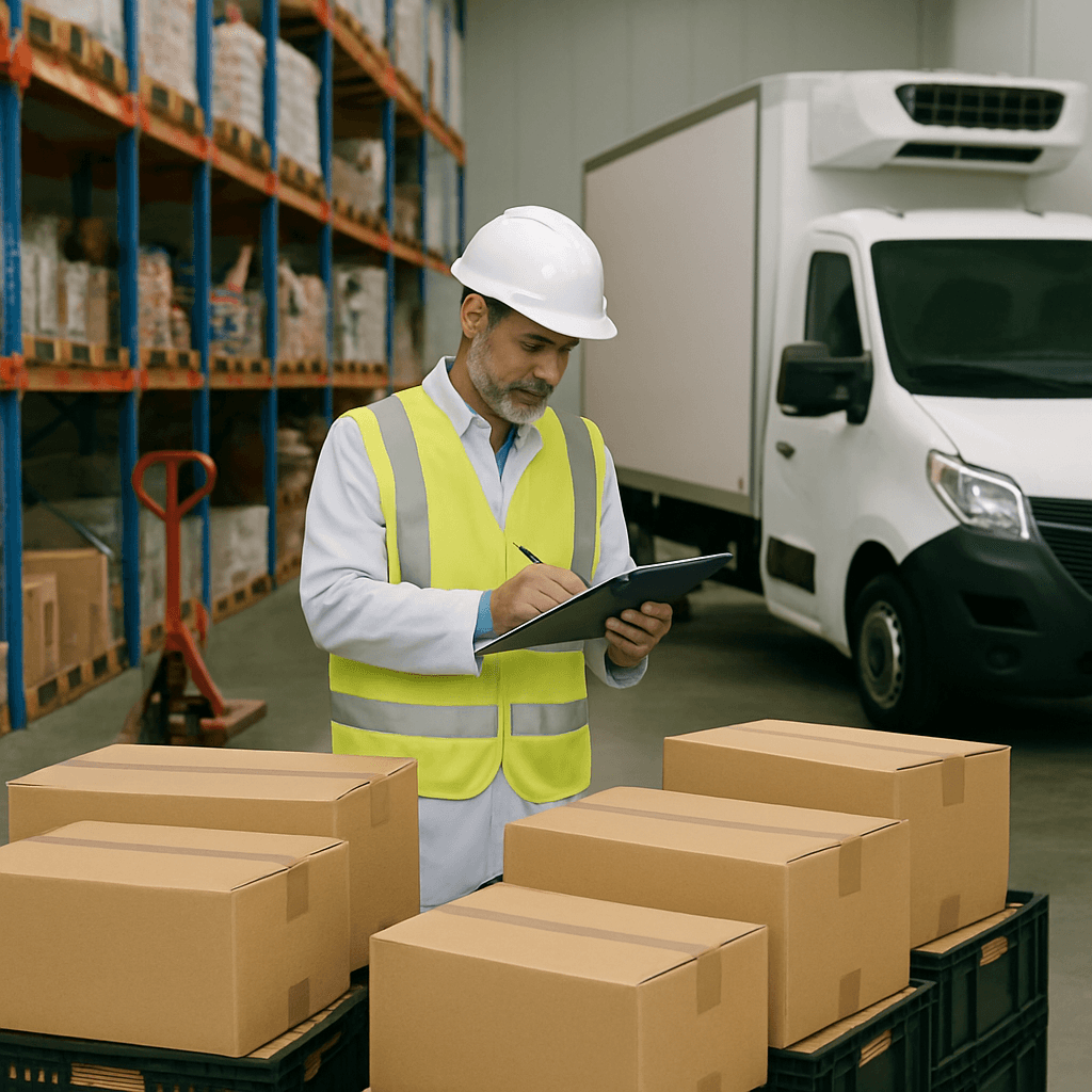 A delivery truck facing food distribution challenges in the UK with warehouse in the background
