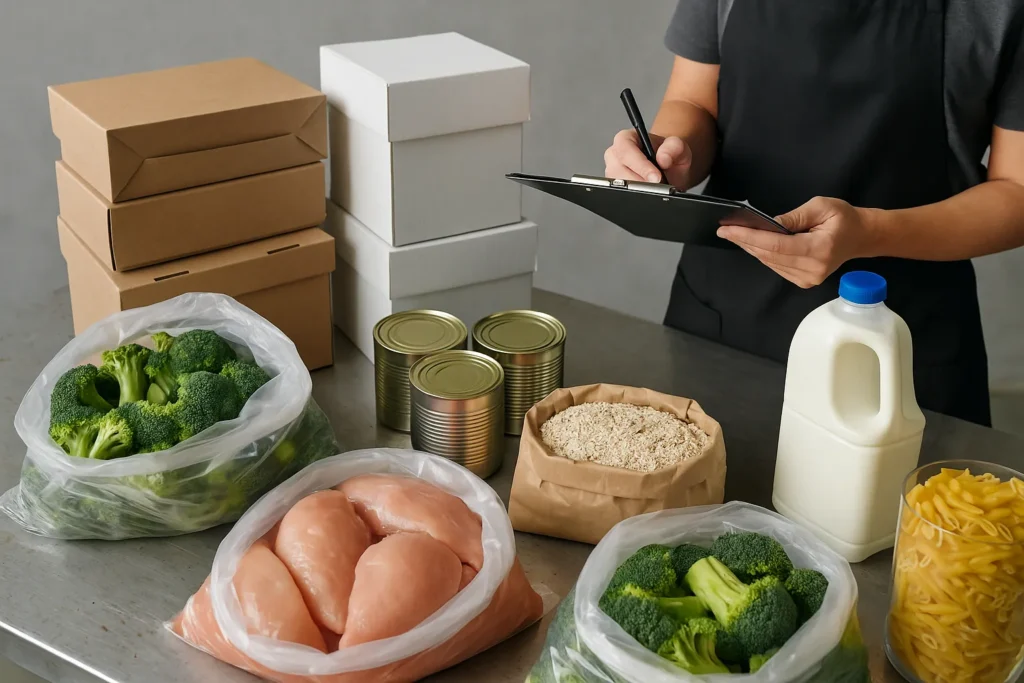 Chef unloading bulk food supplies from a wholesale delivery at restaurant kitchen