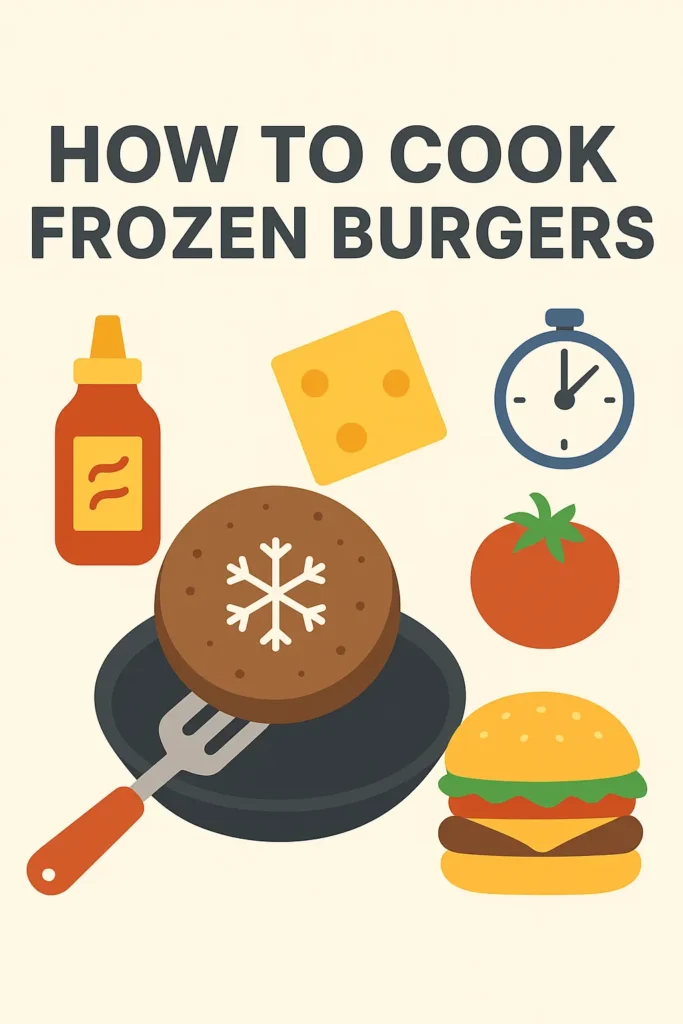 Flat digital illustration showing a frozen burger patty with a snowflake, spatula, cheese slice, tomato, sauce bottle, timer, and a cooked burger representing how to cook frozen burgers.