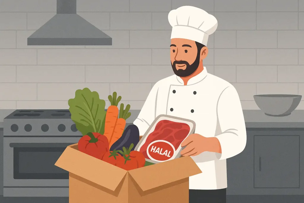 Chef unpacking halal meat and fresh produce from a local catering supplier in East London kitchen