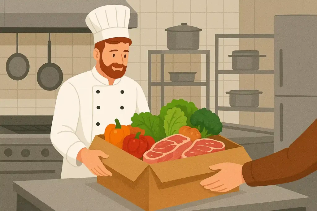 Chef receiving wholesale food delivery at a UK restaurant kitchen