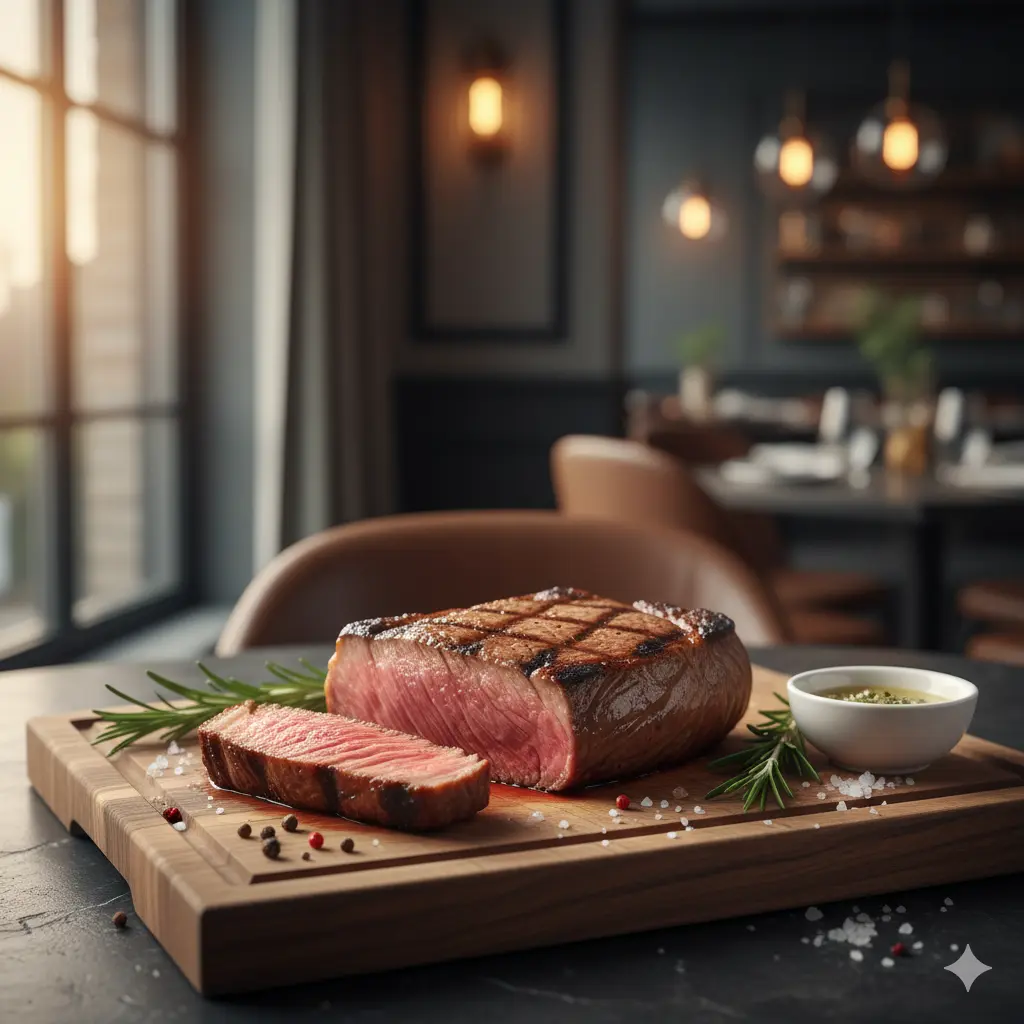 Juicy Black Angus steak served on a wooden board with herbs and seasoning, showcasing marbling and tenderness