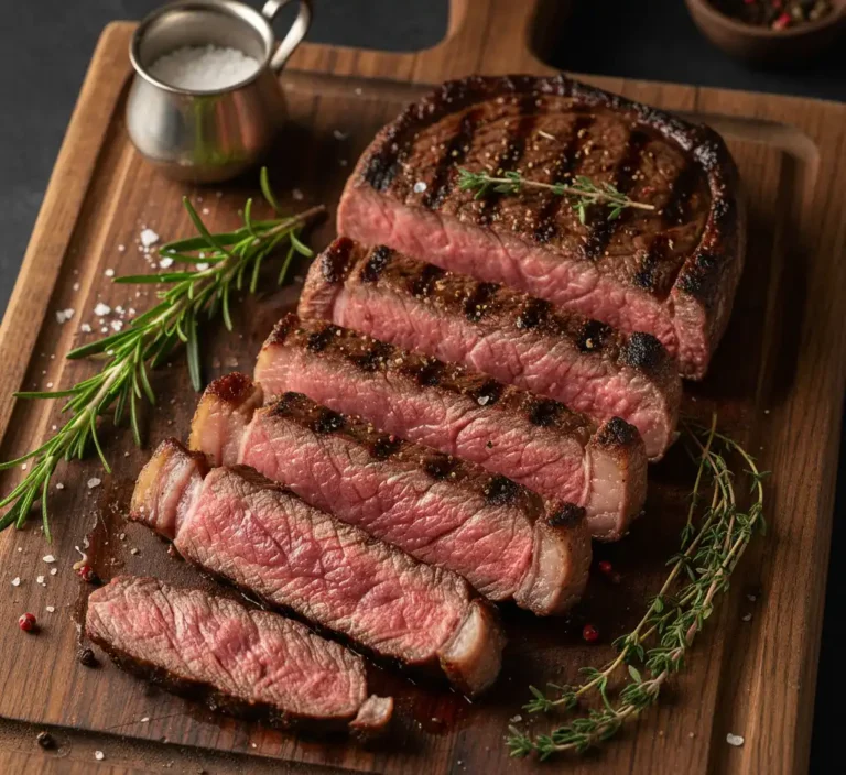Juicy grilled flat iron steak sliced on a wooden board with herbs and seasoning