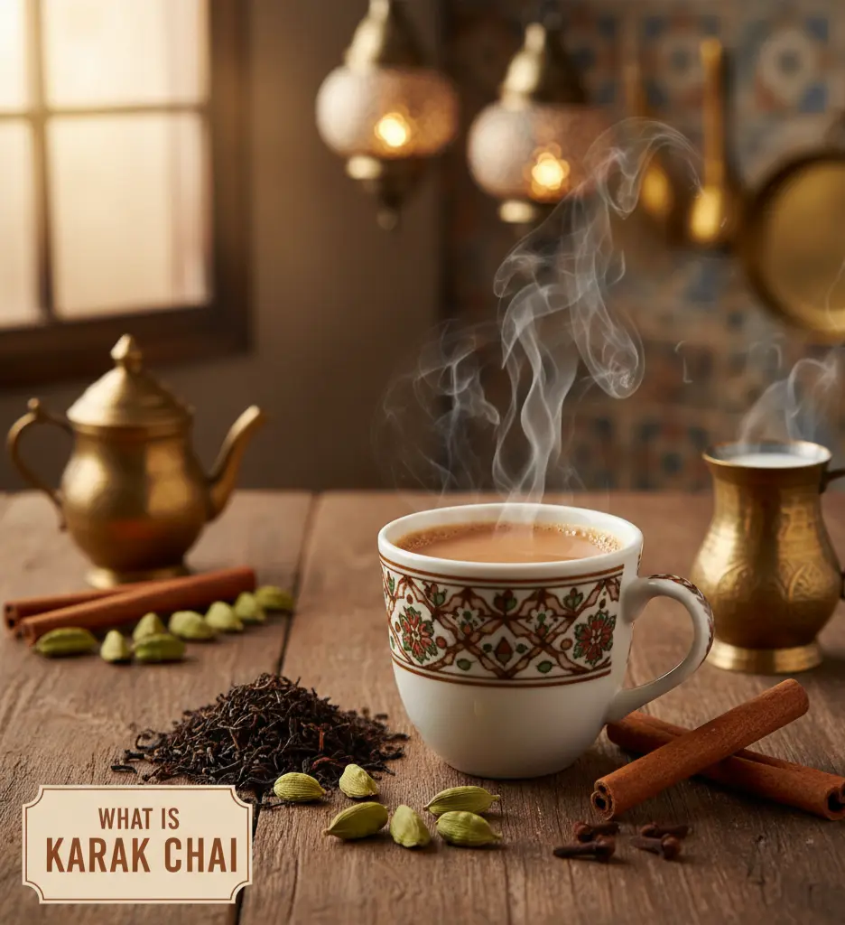 Cup of karak chai with cardamom pods and spices on a rustic table, symbolizing Middle Eastern spiced tea culture