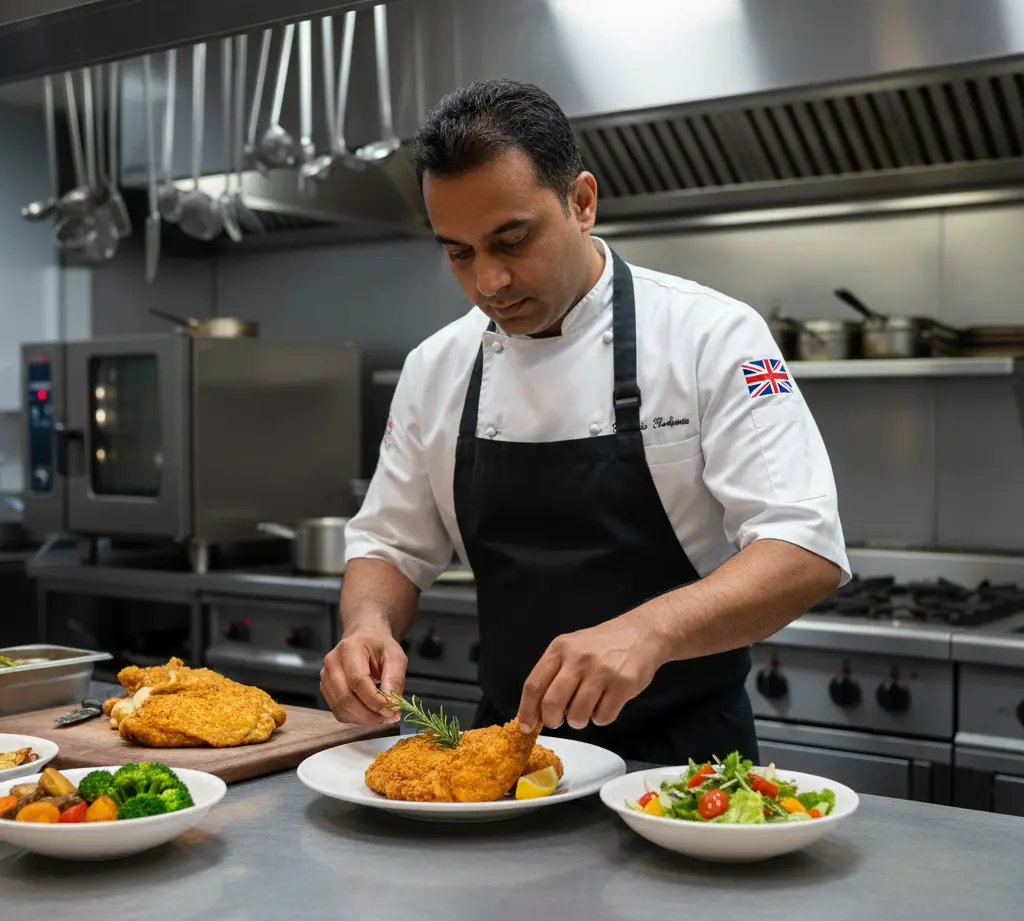HMC-certified chicken cuts being prepared in a professional UK restaurant kitchen, showcasing quality and consistency in the food service industry